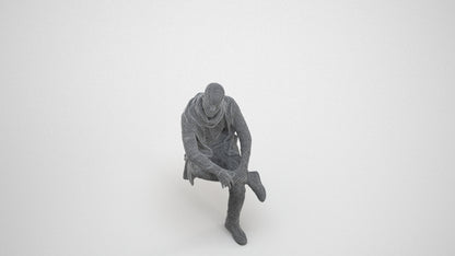 3D people model man casual sitting, scanned human for 3ds Max rendering, wireframe three-quarter view