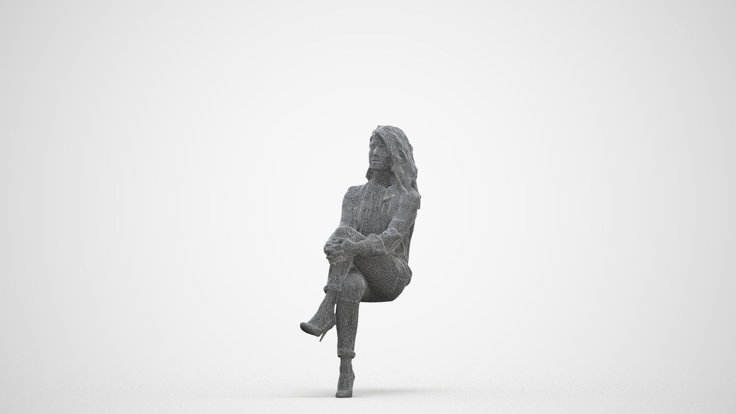 realistic 3D woman casual sitting, scanned archviz people for Blender and 3ds Max, three-quarter front view render