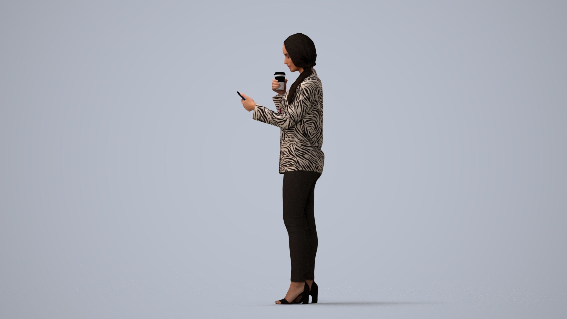 3D people model woman business standing, scanned human for 3ds Max rendering, three-quarter view render