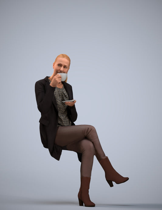 realistic 3D woman business sitting, scanned archviz people for Blender and 3ds Max
