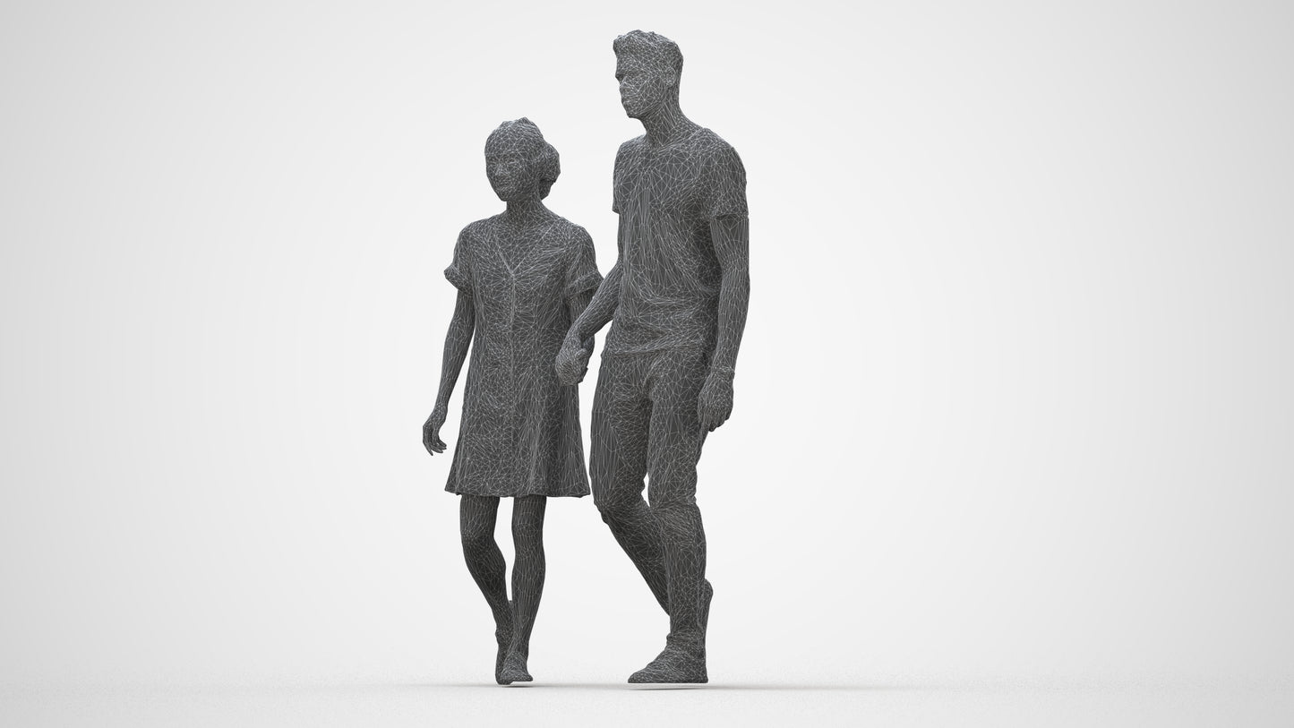 3D human model woman casual couple, photogrammetry scanned person for archviz, wireframe back view