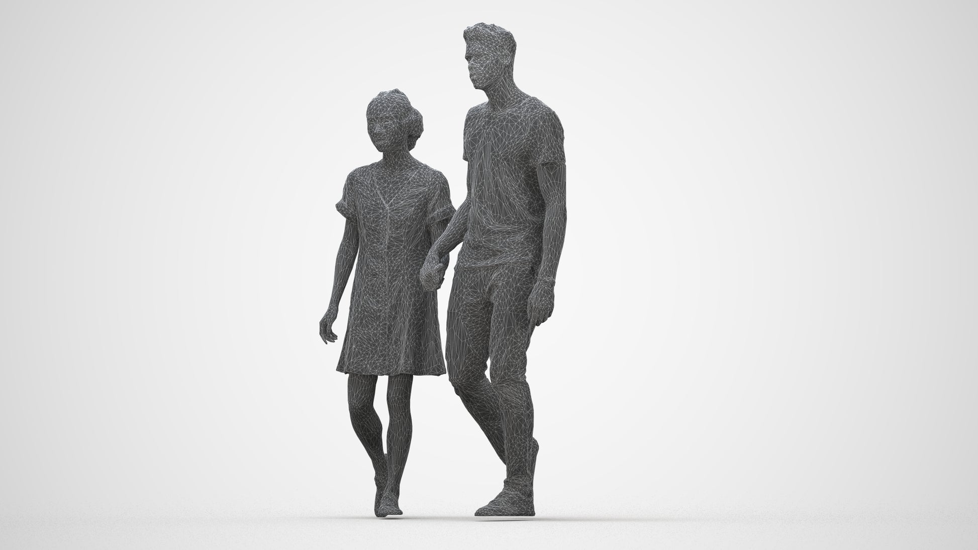 3D human model woman casual couple, photogrammetry scanned person for archviz, wireframe back view