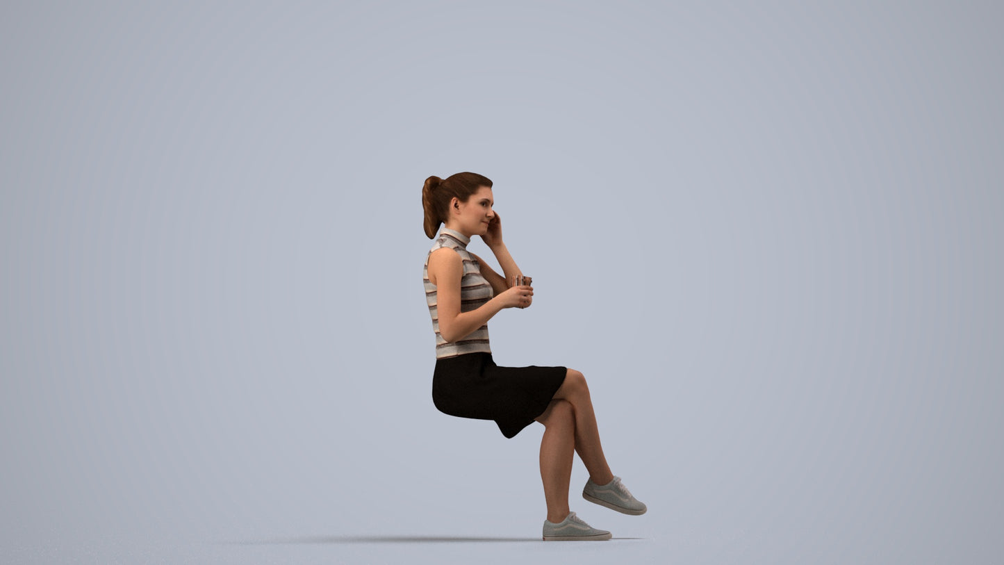 scanned 3D woman casual sitting, photogrammetry people for Enscape and V-Ray, side view render