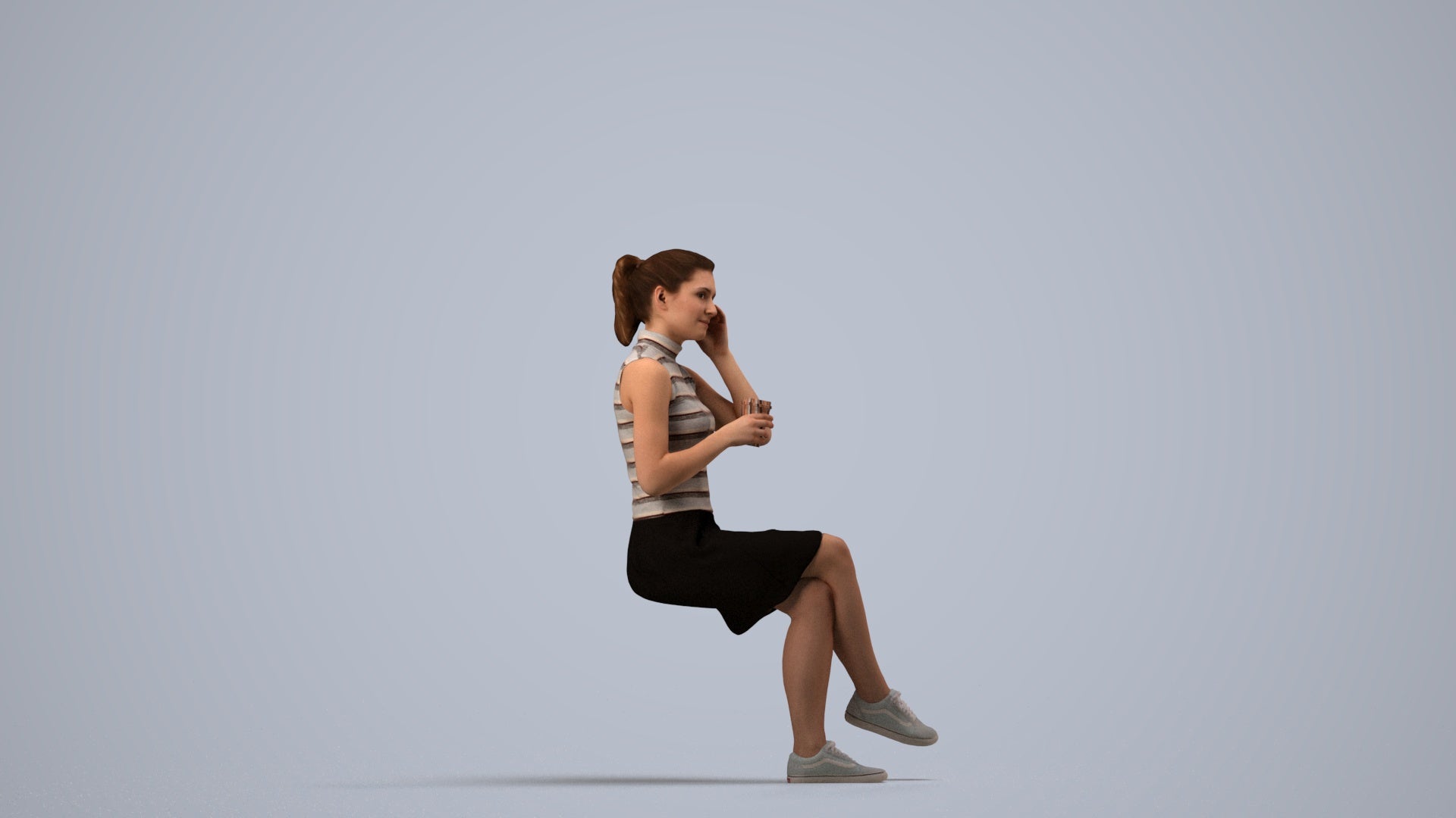 scanned 3D woman casual sitting, photogrammetry people for Enscape and V-Ray, side view render