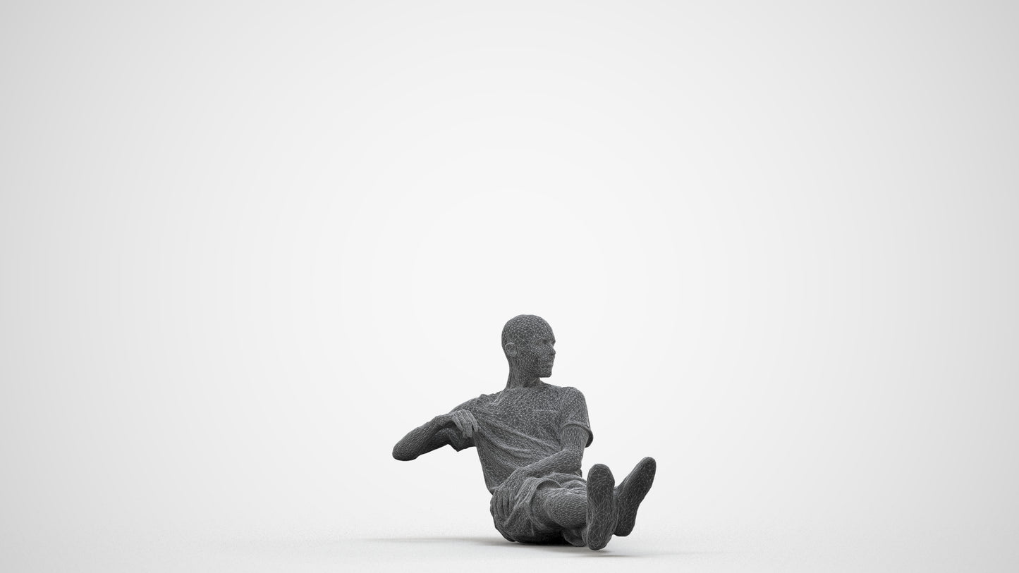 3D scanned man sitting casual, photorealistic archviz people for Enscape and SketchUp, wireframe side view