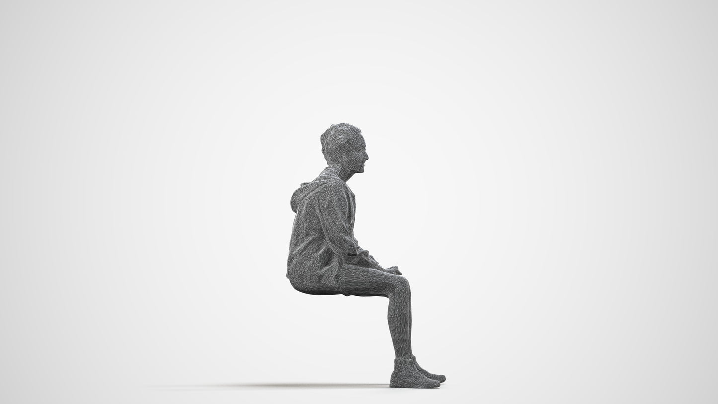 realistic 3D people woman casual sitting, render-ready for V-Ray and Corona, FBX OBJ, wireframe side view