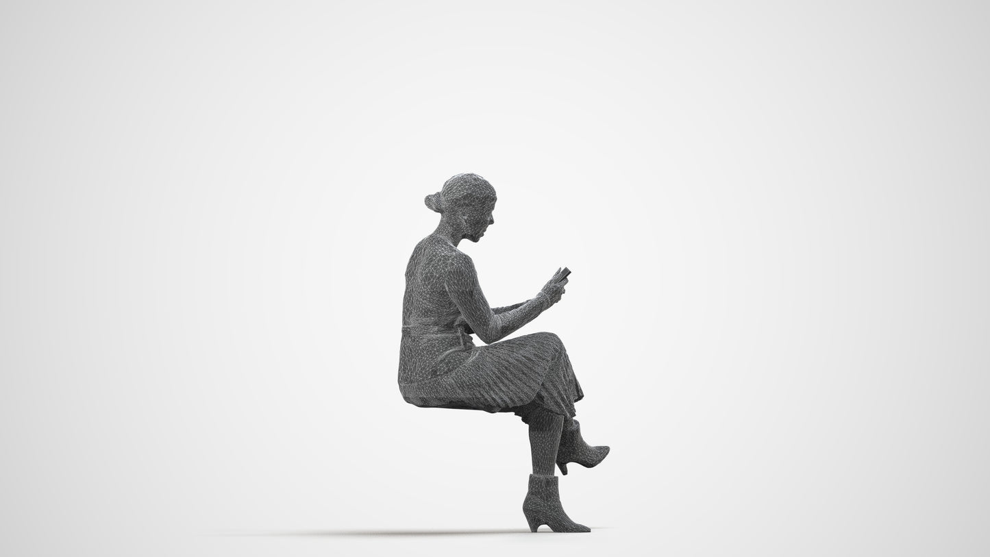 scanned 3D woman casual sitting, photogrammetry people for Enscape and V-Ray, wireframe side view