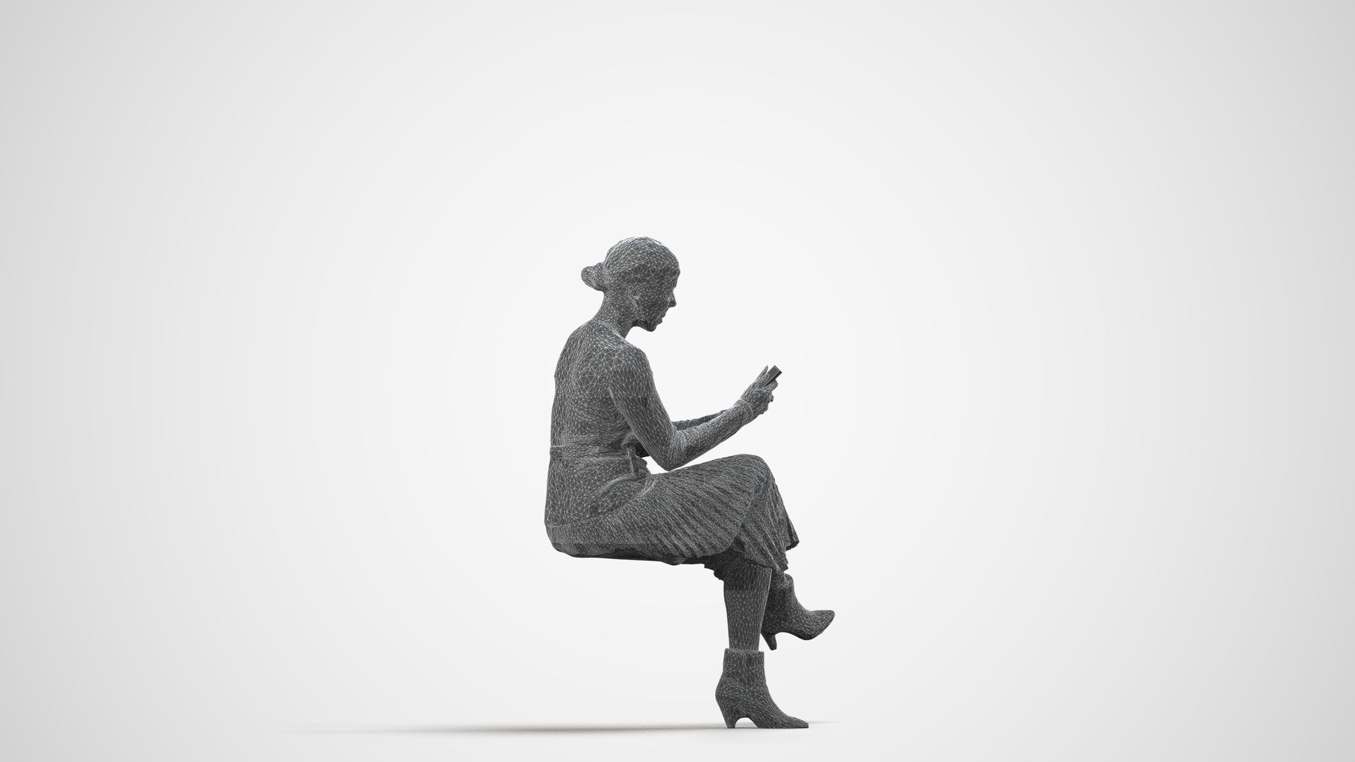 scanned 3D woman casual sitting, photogrammetry people for Enscape and V-Ray, wireframe side view