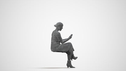 scanned 3D woman casual sitting, photogrammetry people for Enscape and V-Ray, wireframe side view