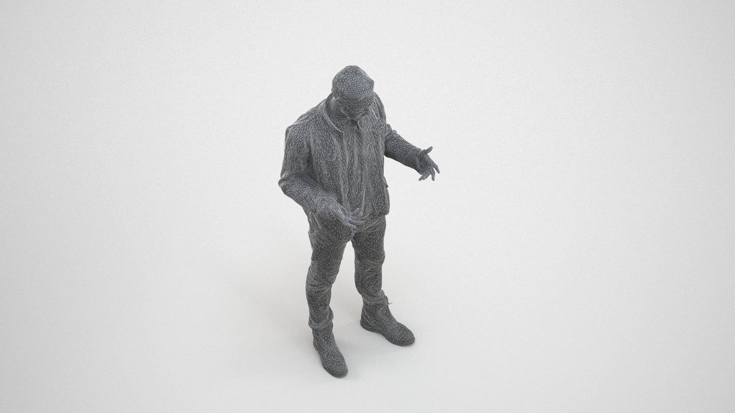 3D human model man casual standing, photogrammetry scanned person for archviz, wireframe three-quarter view
