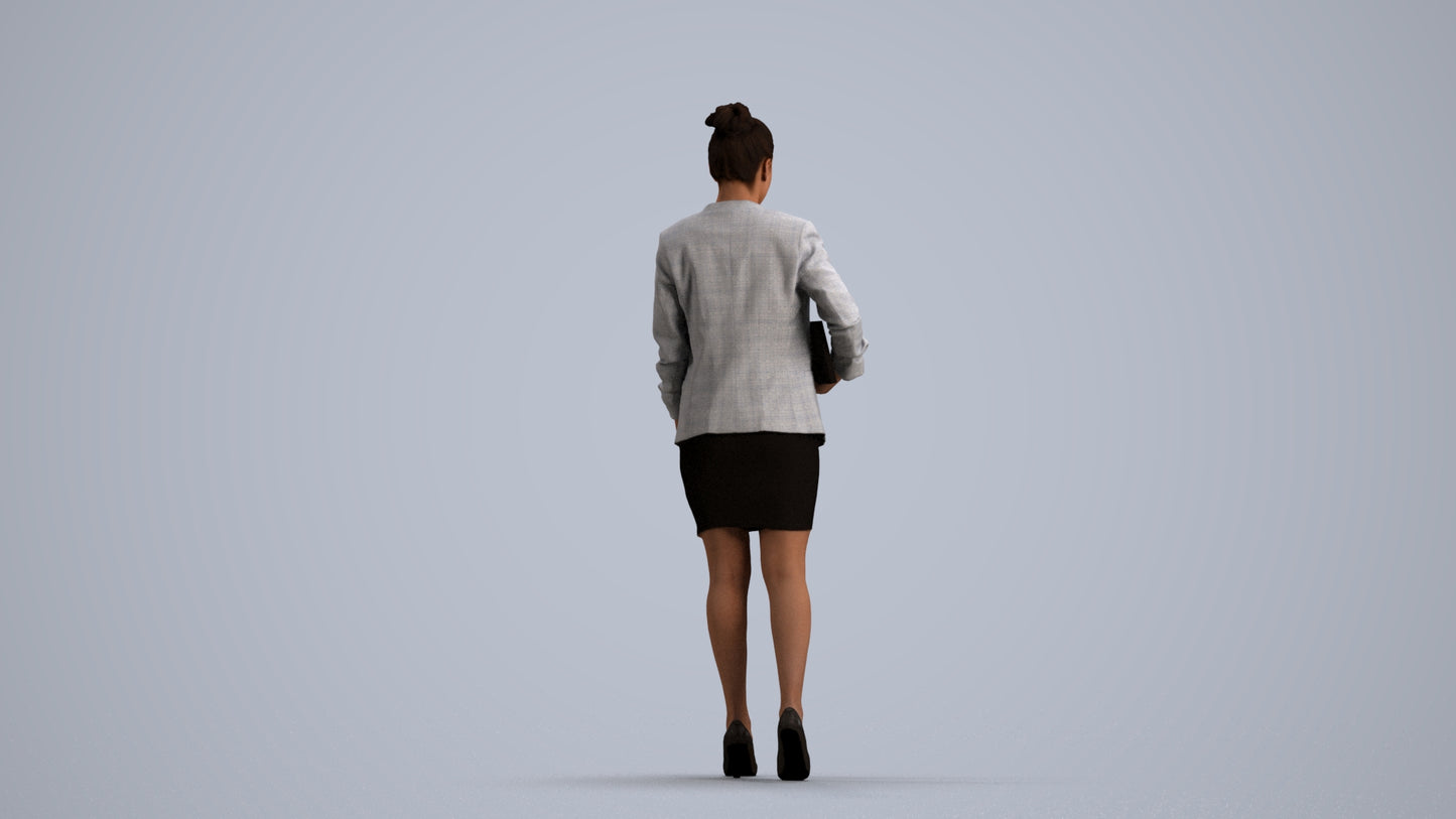 3D human model woman business, photogrammetry scanned person for archviz, front view render