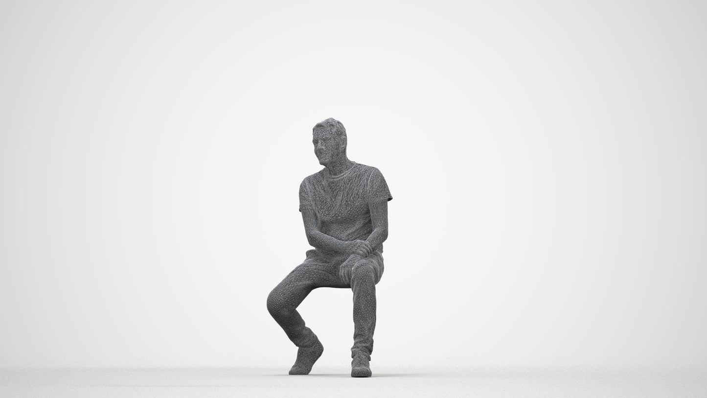scanned 3D senior man casual sitting, photogrammetry people for Enscape and V-Ray, wireframe back view