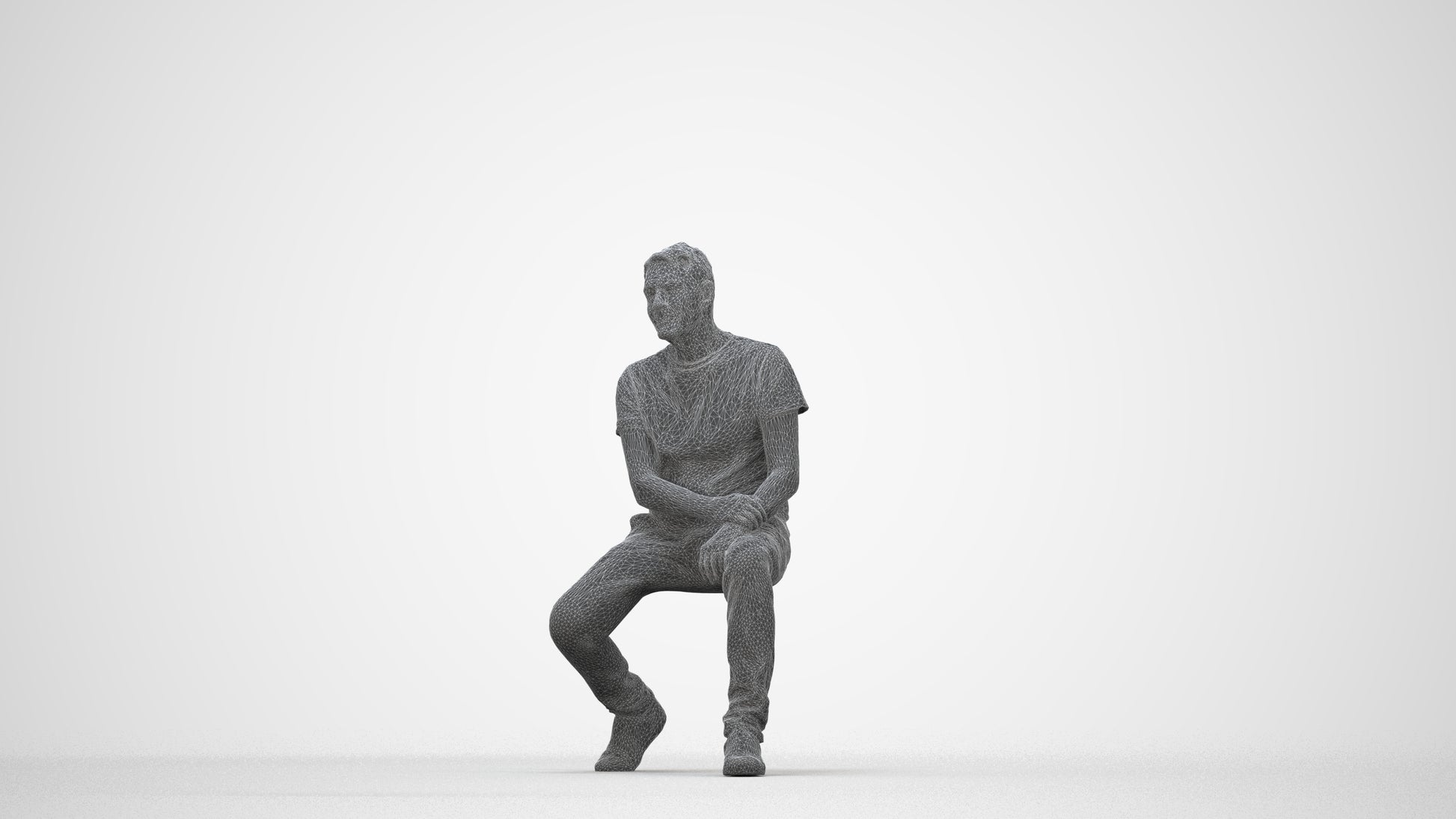 scanned 3D senior man casual sitting, photogrammetry people for Enscape and V-Ray, wireframe back view