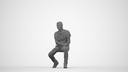 scanned 3D senior man casual sitting, photogrammetry people for Enscape and V-Ray, wireframe back view