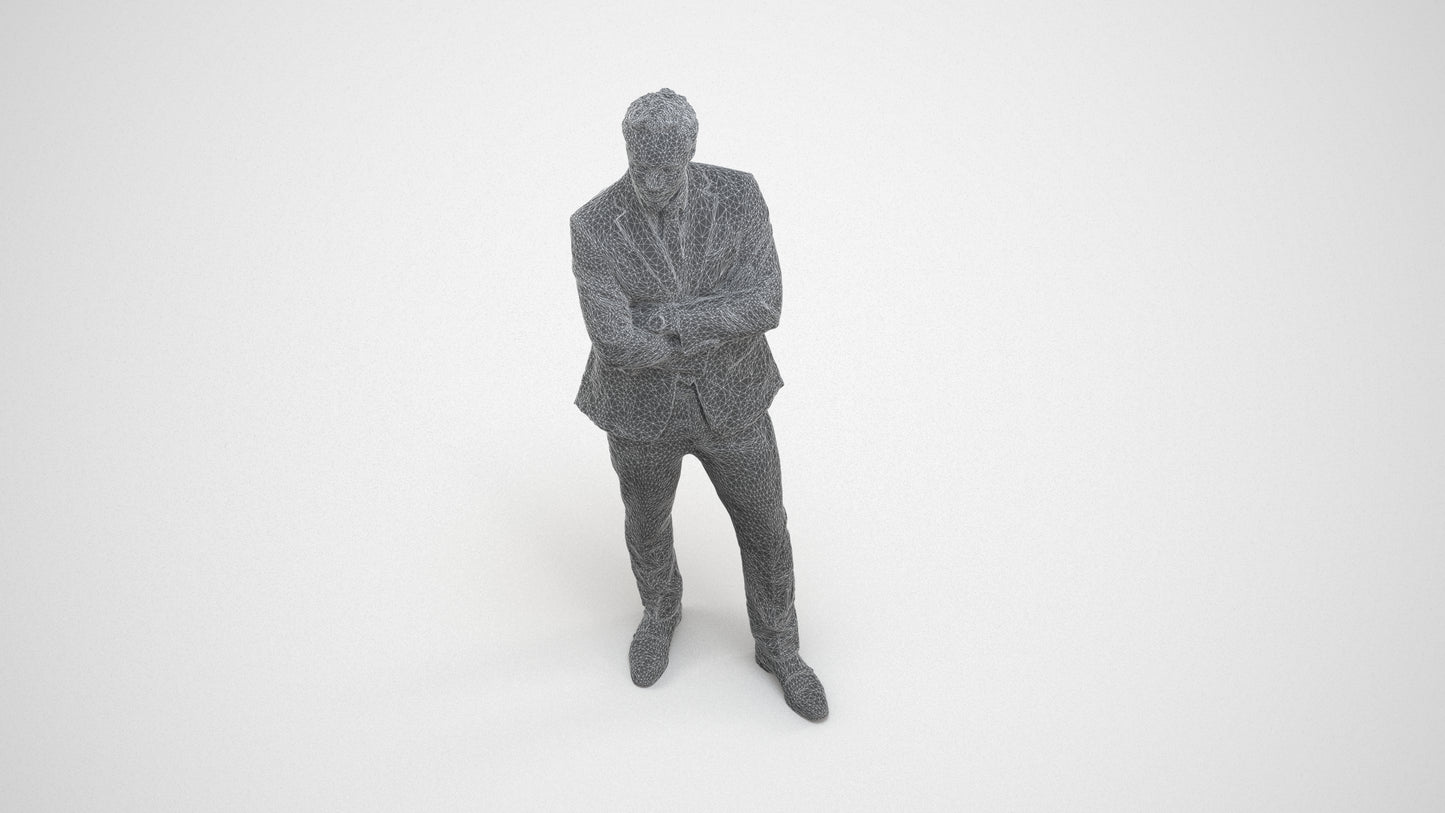 realistic 3D human man formal business, archviz people FBX OBJ for Blender, wireframe three-quarter view