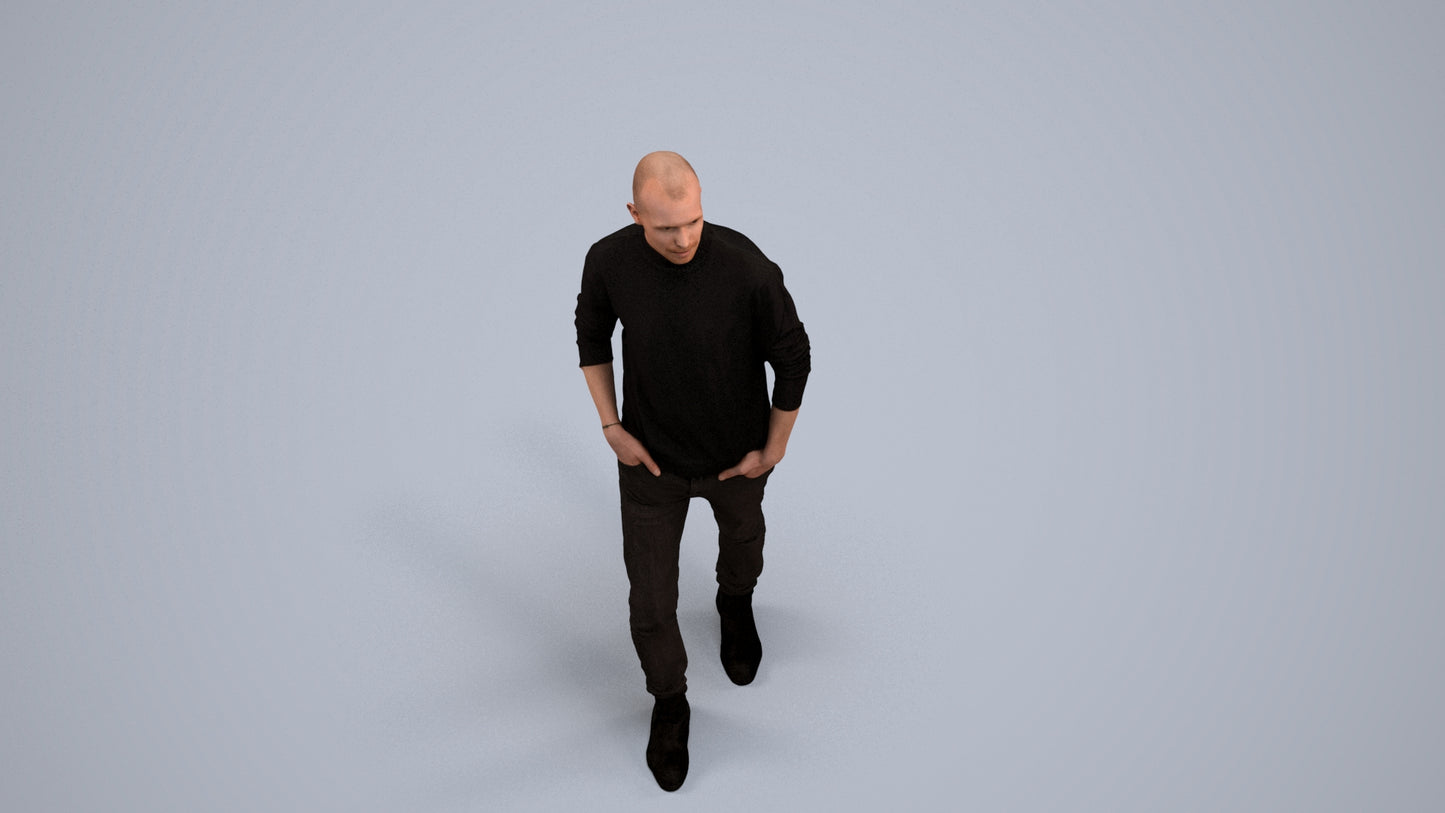 photogrammetry 3D man casual walking, realistic human model archviz FBX, back view render