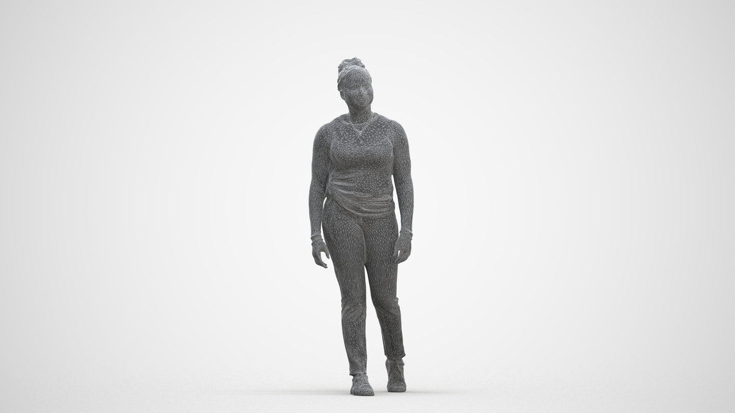 3D scanned woman walking casual, photorealistic archviz people for Enscape and SketchUp, three-quarter front view render