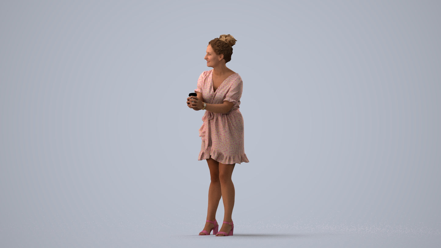 3D human model woman casual standing, photogrammetry scanned person for archviz, three-quarter view render