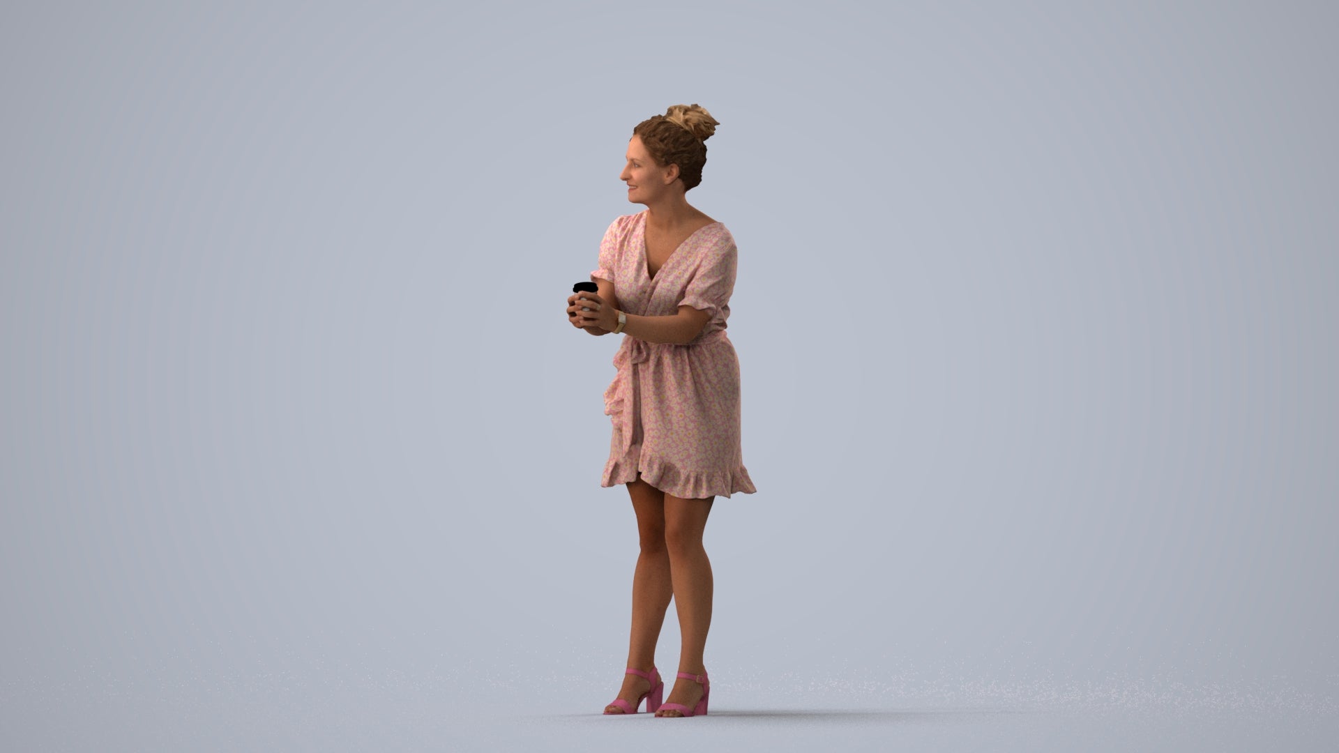 3D human model woman casual standing, photogrammetry scanned person for archviz, three-quarter view render