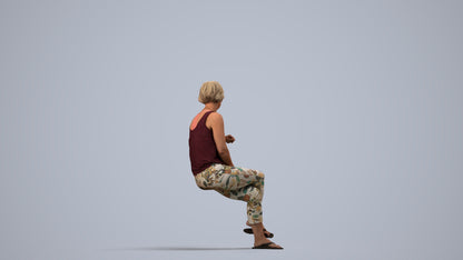 3D scanned senior woman sitting, photorealistic archviz people for Enscape and SketchUp, side view render