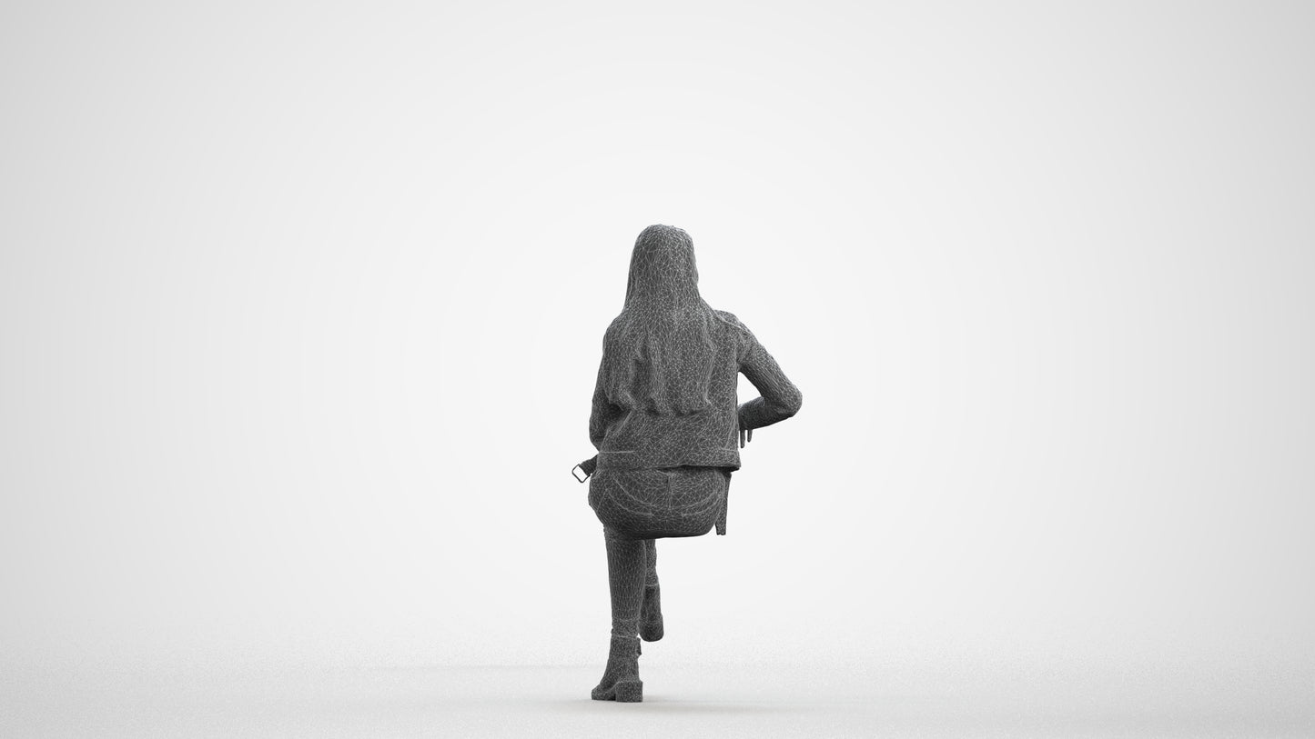3D scanned woman sitting casual, photorealistic archviz people for Enscape and SketchUp, wireframe front view