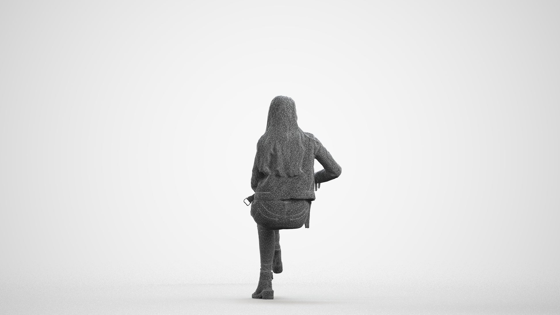 3D scanned woman sitting casual, photorealistic archviz people for Enscape and SketchUp, wireframe front view