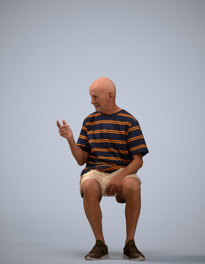 3D scanned senior man sitting casual, photorealistic archviz people for Enscape and SketchUp
