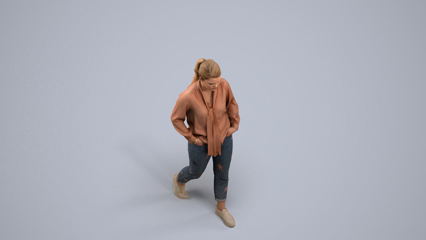 photogrammetry 3D woman casual walking, realistic human model archviz FBX, back view render