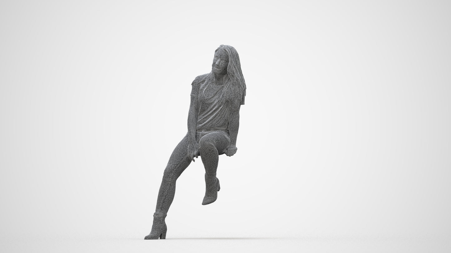 realistic 3D woman casual sitting, scanned archviz people for Blender and 3ds Max, wireframe back view