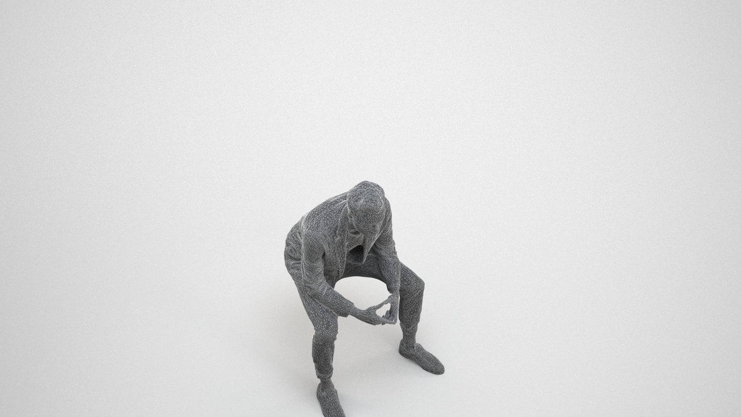 photogrammetry 3D man business sitting, realistic human model archviz FBX, wireframe three-quarter view