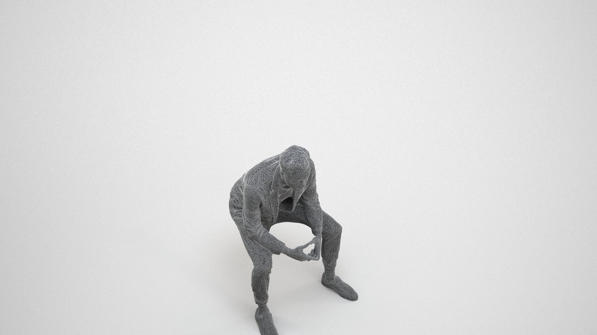 photogrammetry 3D man business sitting, realistic human model archviz FBX, wireframe three-quarter view