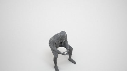 photogrammetry 3D man business sitting, realistic human model archviz FBX, wireframe three-quarter view