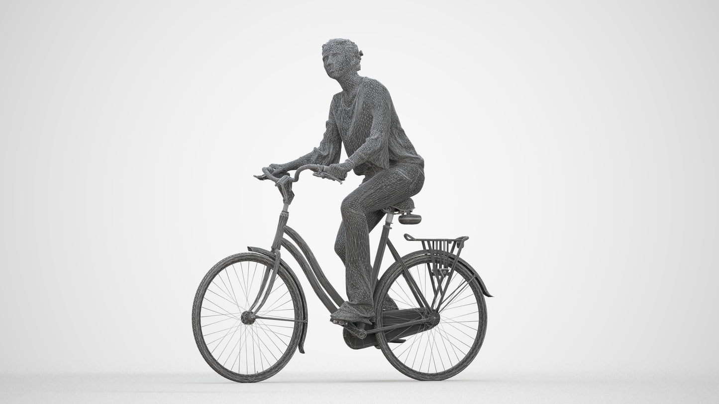 realistic 3D human woman casual cycling, archviz people FBX OBJ for Blender, wireframe back view