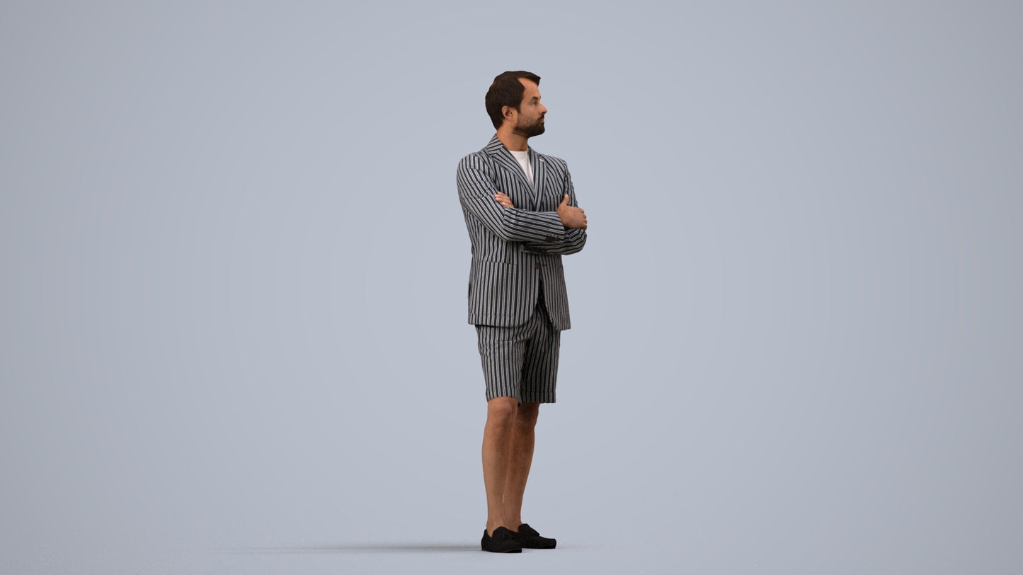3D human model man business standing, photogrammetry scanned person for archviz, side view render