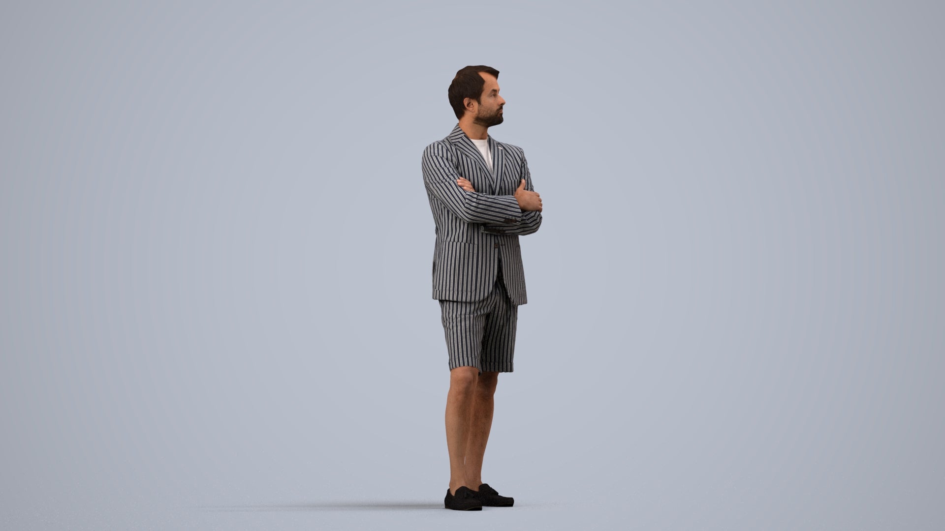 3D human model man business standing, photogrammetry scanned person for archviz, side view render