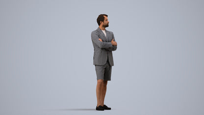 3D human model man business standing, photogrammetry scanned person for archviz, side view render