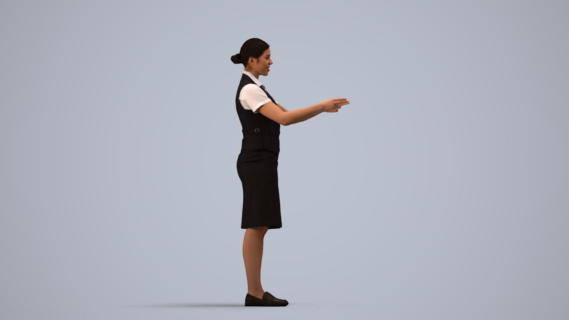 photogrammetry 3D woman hospitality, realistic human model archviz FBX, side view render