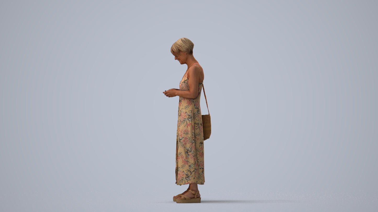 photogrammetry 3D senior woman standing, realistic human model archviz FBX, three-quarter view render