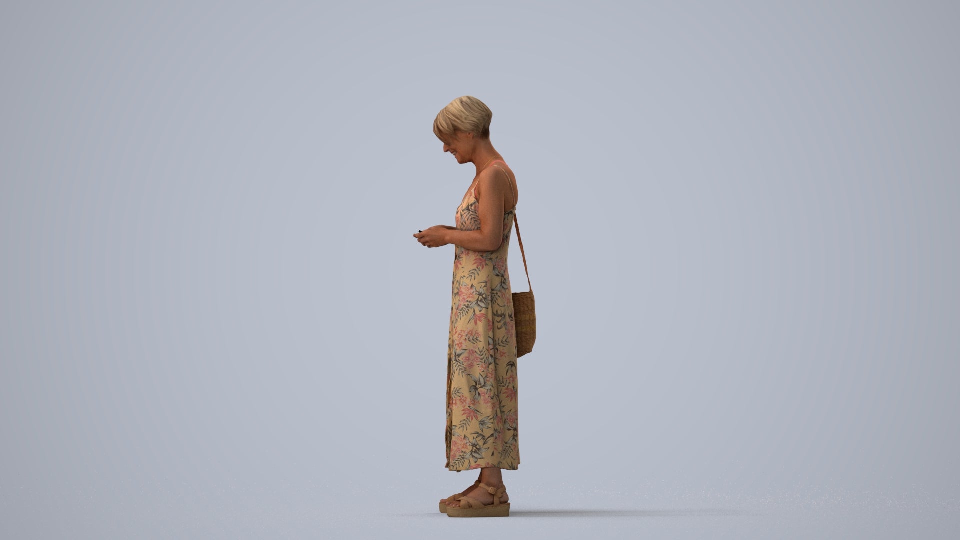 photogrammetry 3D senior woman standing, realistic human model archviz FBX, three-quarter view render