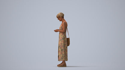 photogrammetry 3D senior woman standing, realistic human model archviz FBX, three-quarter view render