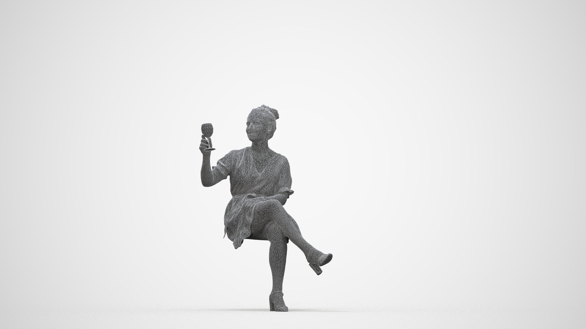 3D people model woman casual sitting, scanned human for 3ds Max rendering, wireframe back view