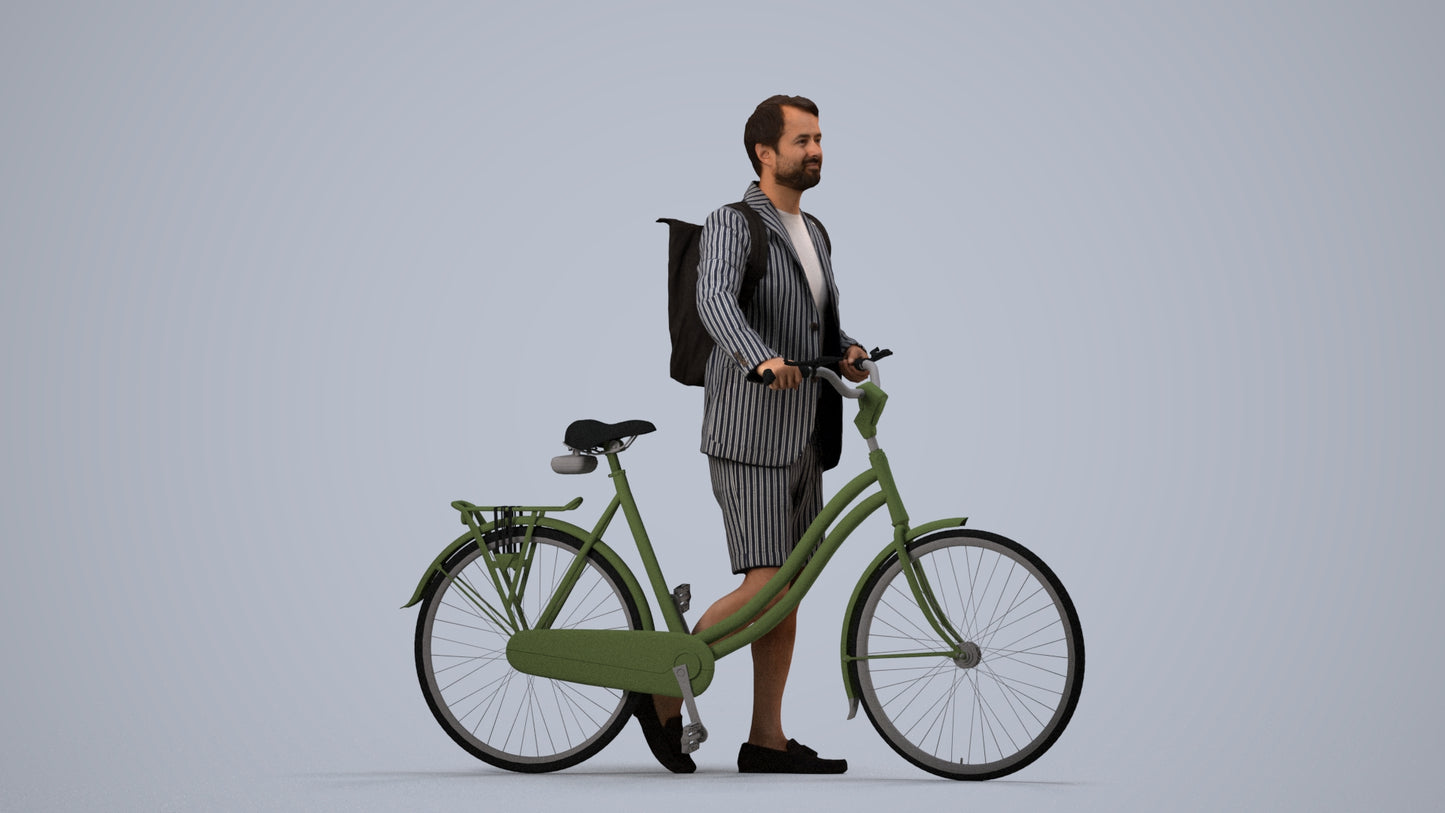 realistic 3D man business cycling, scanned archviz people for Blender and 3ds Max, side view render