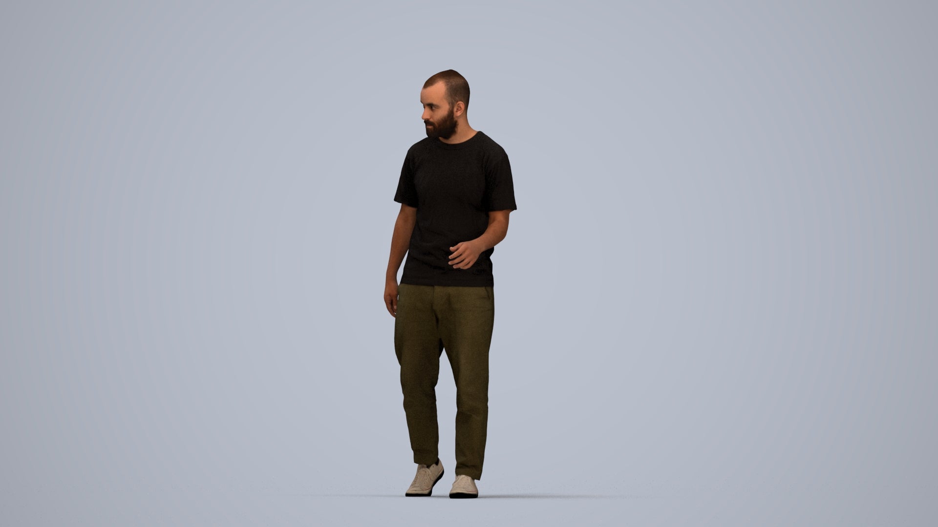 photogrammetry 3D man casual walking, realistic human model archviz FBX, top-down view render