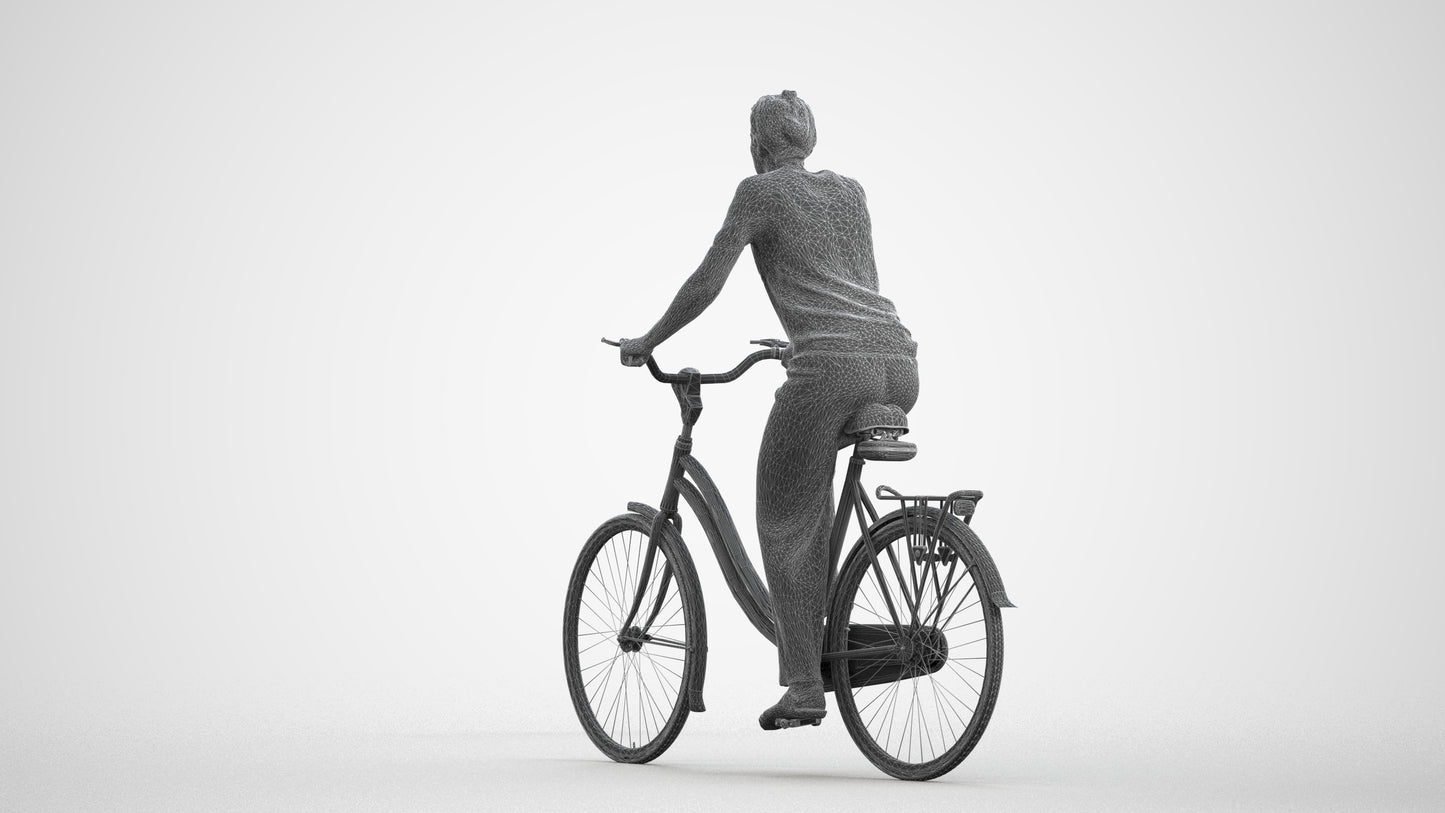 scanned 3D woman casual cycling, photogrammetry people for Enscape and V-Ray, wireframe front view