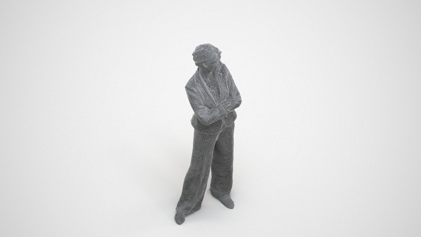 3D human model woman business, photogrammetry scanned person for archviz, wireframe three-quarter view