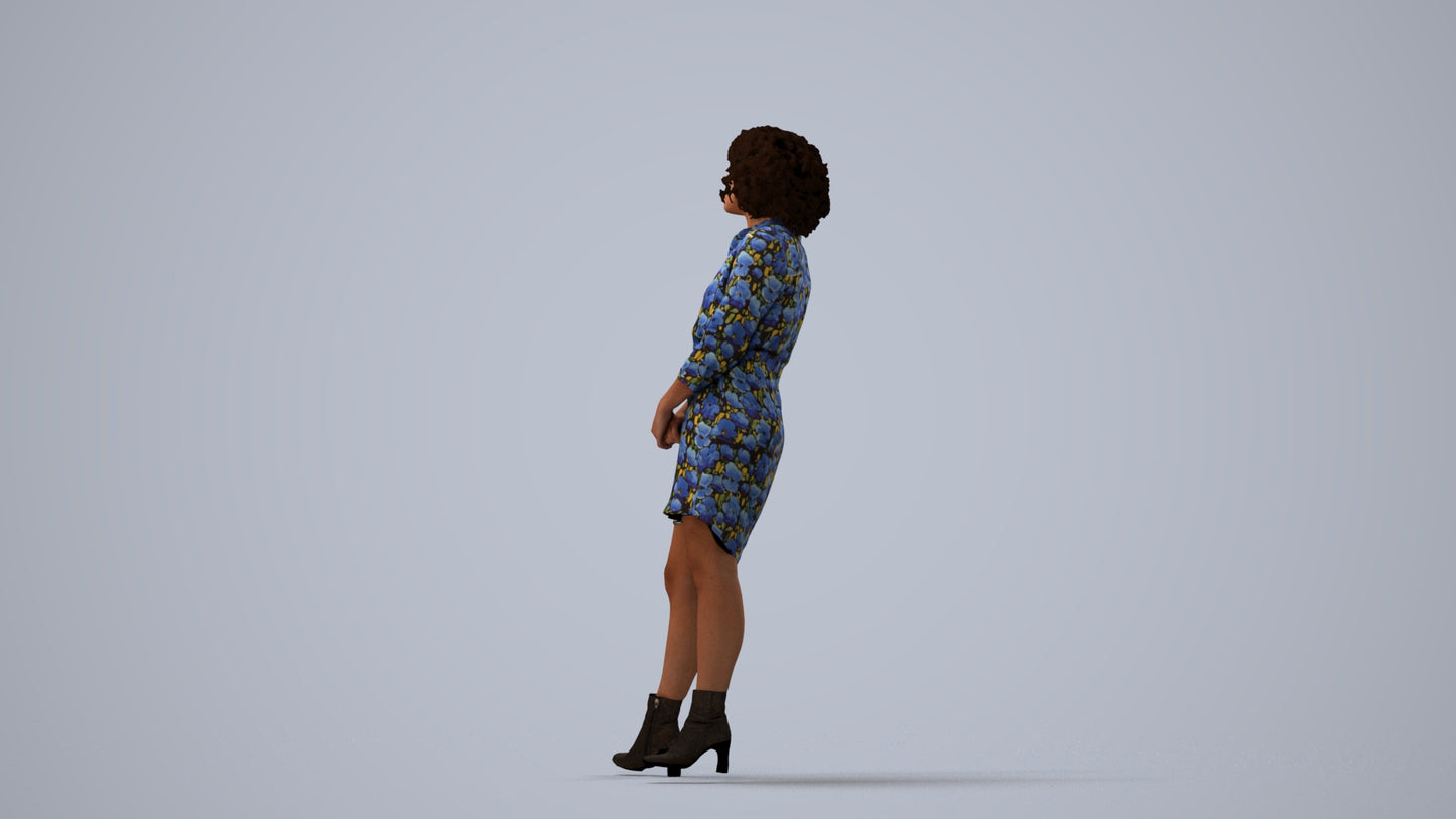 3D human model woman casual standing, photogrammetry scanned person for archviz, three-quarter view render