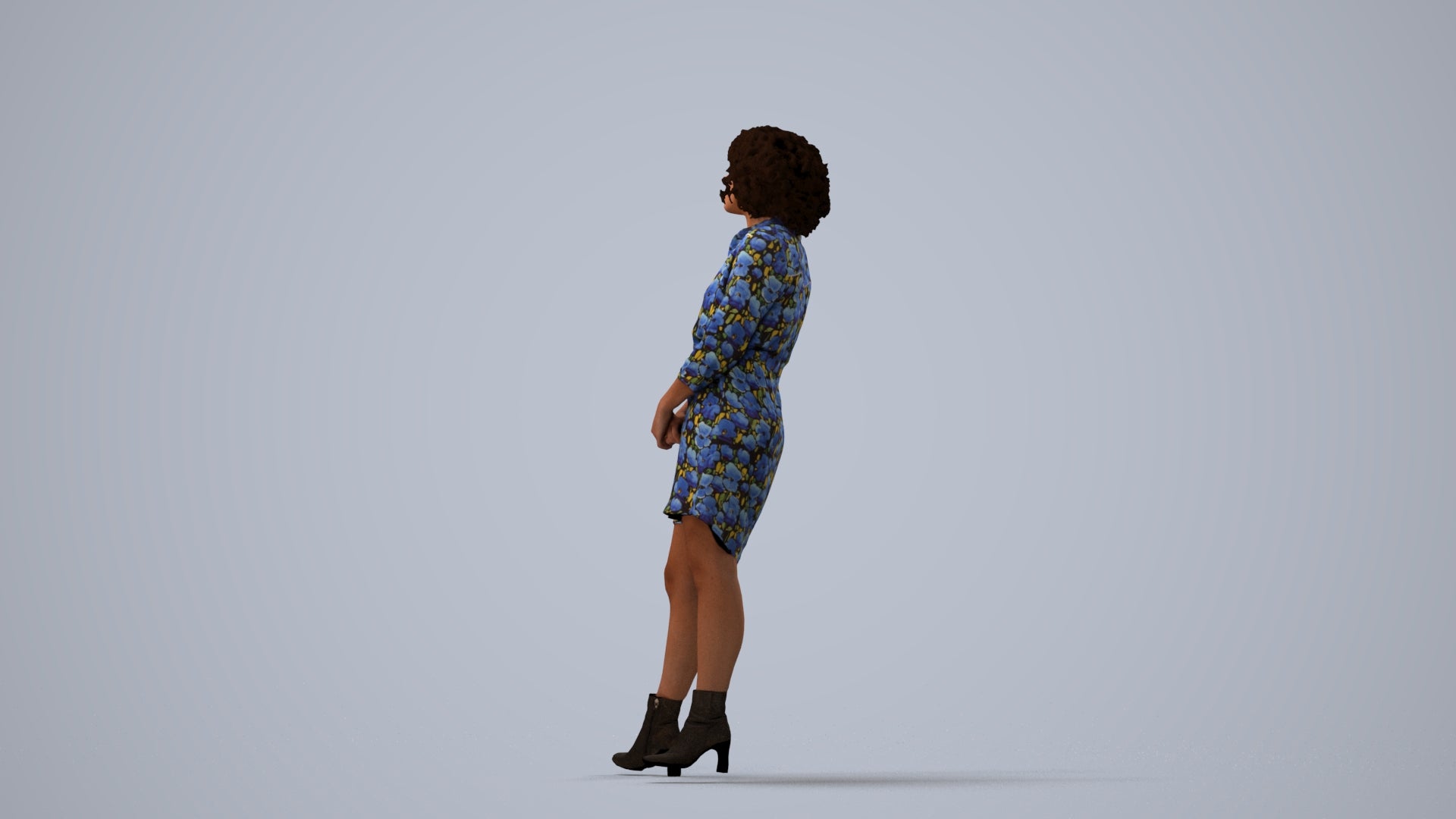 3D human model woman casual standing, photogrammetry scanned person for archviz, three-quarter view render