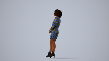 3D human model woman casual standing, photogrammetry scanned person for archviz, three-quarter view render