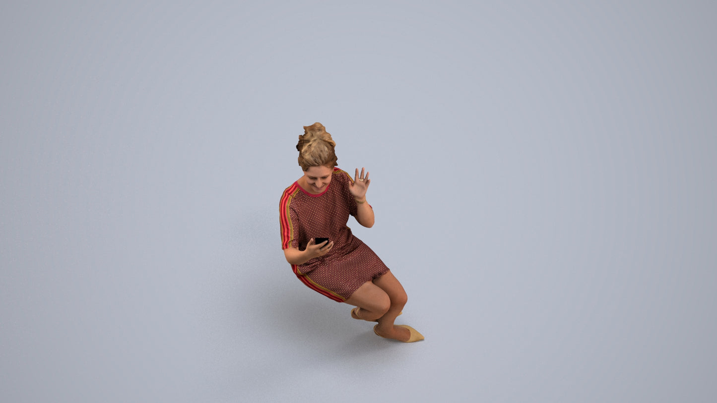 3D scanned woman sitting casual, photorealistic archviz people for Enscape and SketchUp, back view render