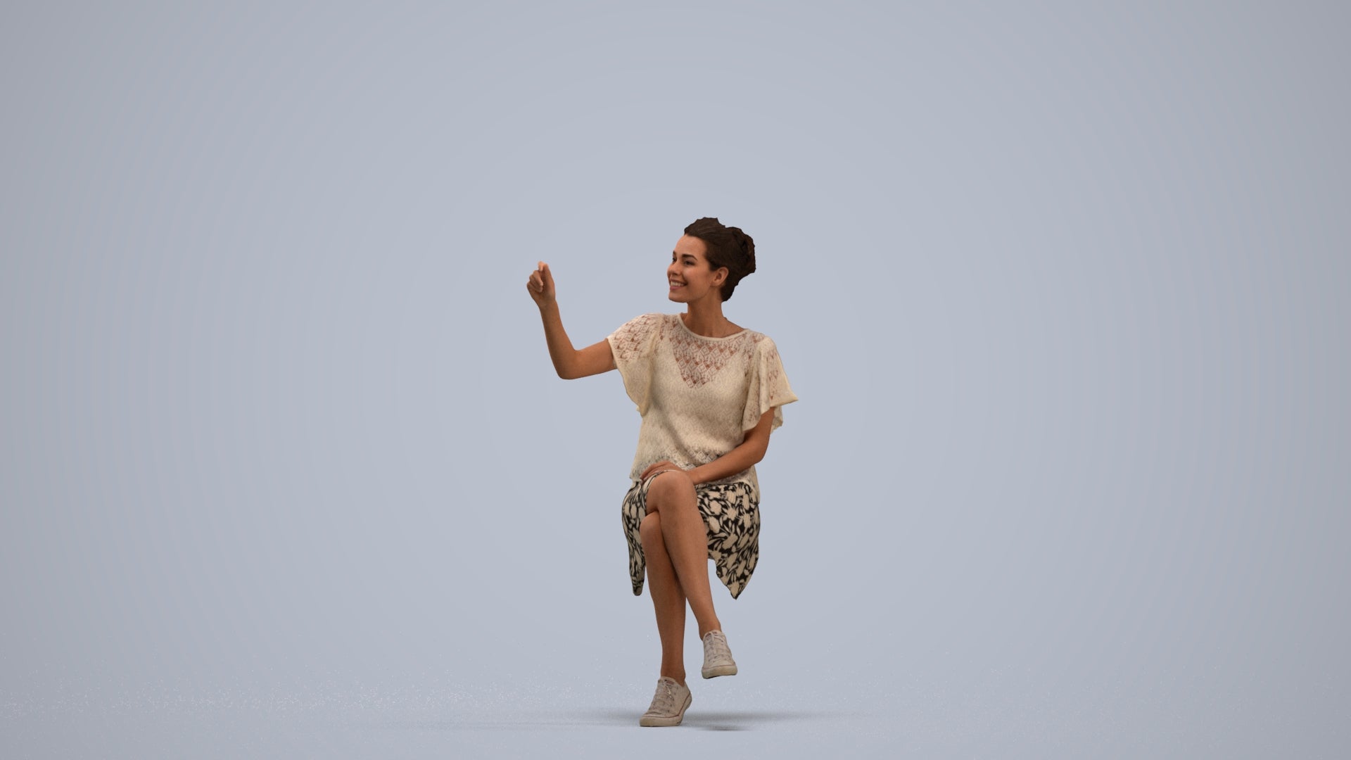 3D human model woman casual sitting, photogrammetry scanned person for archviz, standing pose render